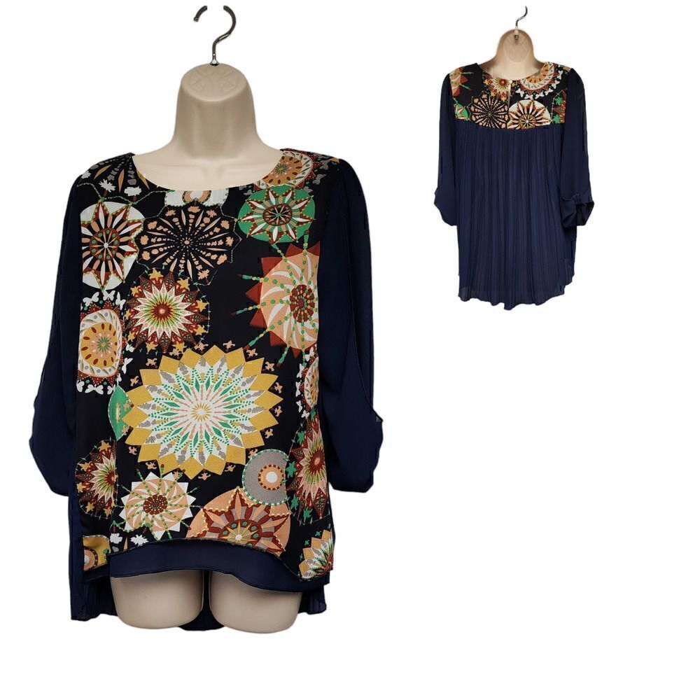 Lan Yi ZI Kou Hi-Low Tunic Blue Geometric Pleated Back 3/4 Sleeve Top Large